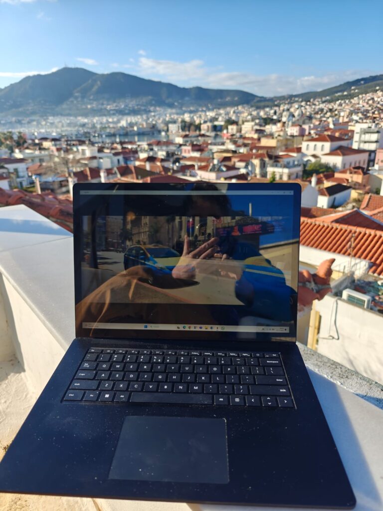 Elises with laptop in Lesbos